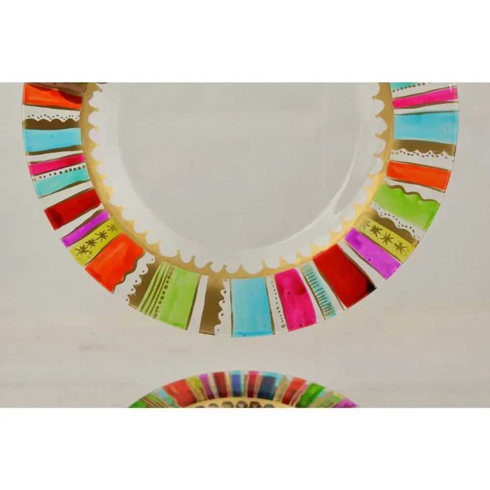 Pier 1 Festive Stripe Rainbow Gold Accents Glass Salad Plates 8.25